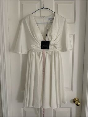 Mac Duggal White V-Neck Cape Sleeve Dress